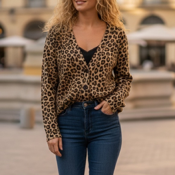 Precious Fibers Sweaters - Precious Fibers 100% Cashmere Leopard Print Cardigan Sweater 1X Brown Tan Luxe